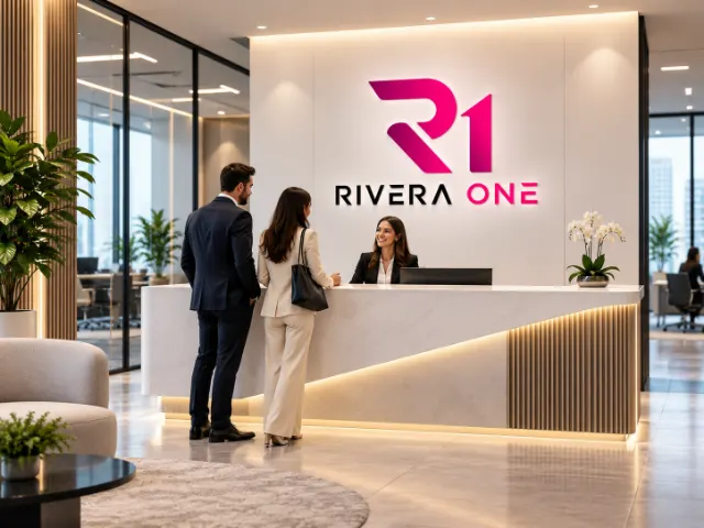The Rivera One reception, with the Rivera One sign above a curved front desk