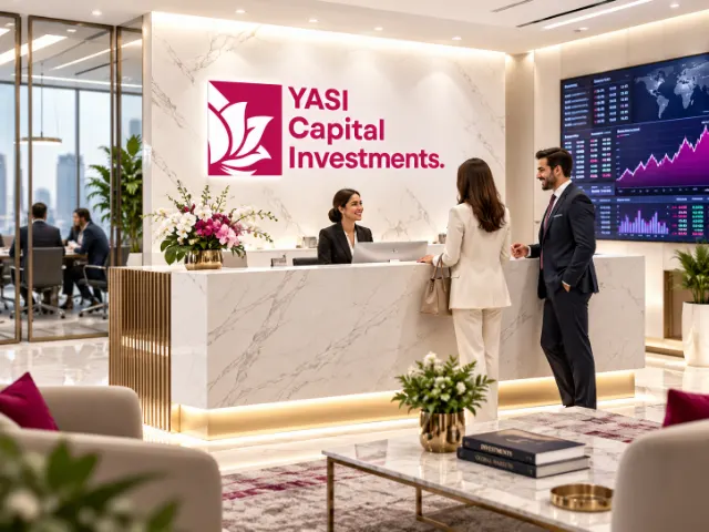 The YASI Capital Investments reception, with the company sign and a market data screen