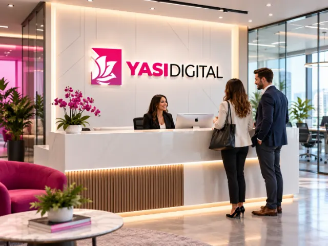 The YASI Digital reception, with the YASI Digital sign behind a lit front desk