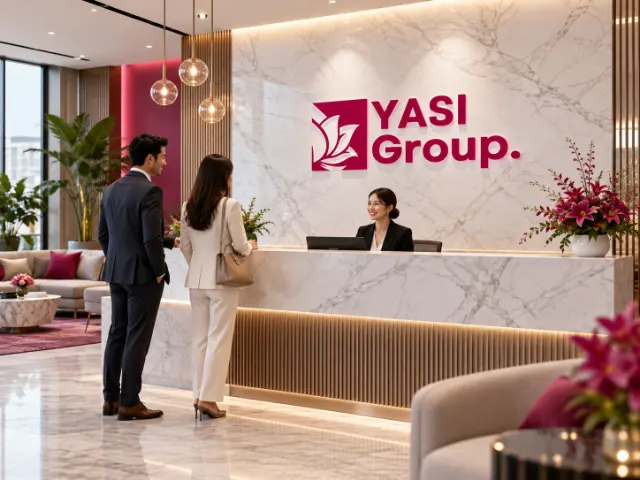 The YASI Group reception, with the YASI Group sign above a marble front desk