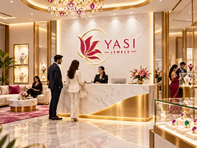 The YASI Jewels showroom reception, with the YASI Jewels sign and jewellery displays