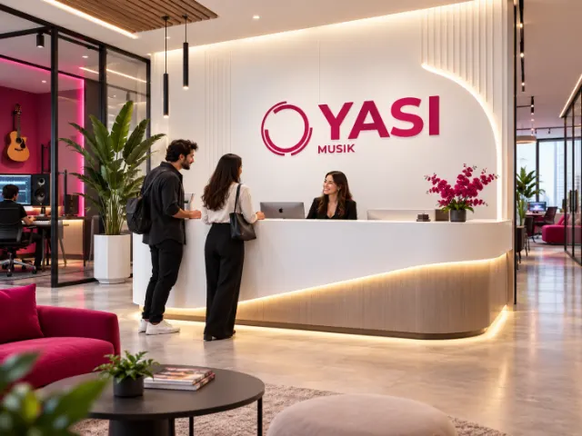 The YASI MUSIK reception, with the YASI MUSIK sign and a recording studio beside it